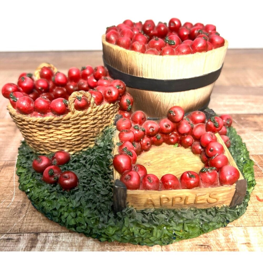 Rustic Decorative Tea Light Holder Apple In Basket & Barrel Hand-Painted Holds 3